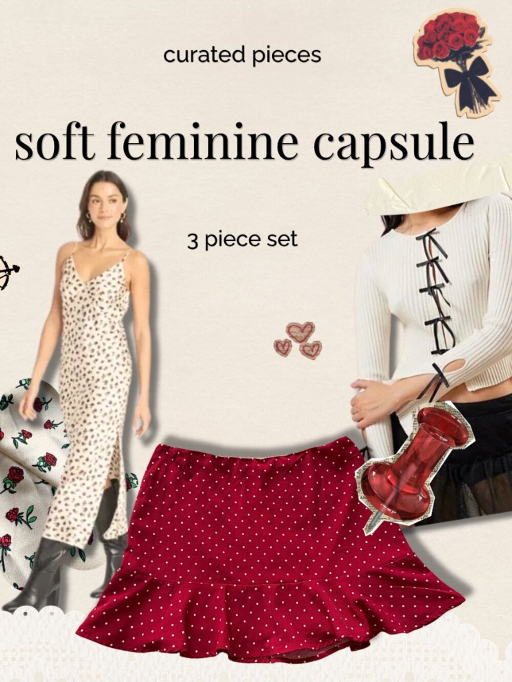 Soft Feminine Capsule 🎀 Rose Slip Dress + Bow Knit + Polka Dot Skirt Set M
